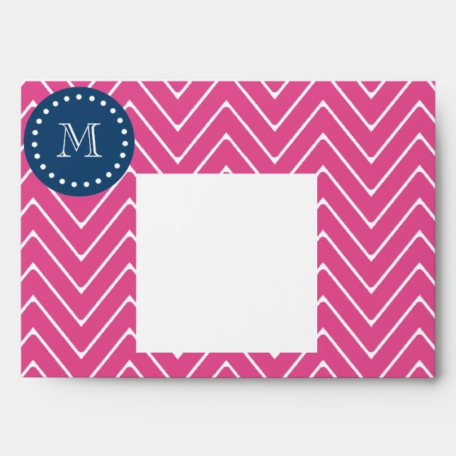 Enveloppe Navy Blue, Hot Pink Chevron Motif, ton monogramme (Devant)
