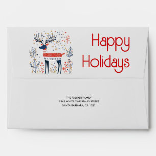 Enveloppe Noël de style scandinave cerf rouge bleu