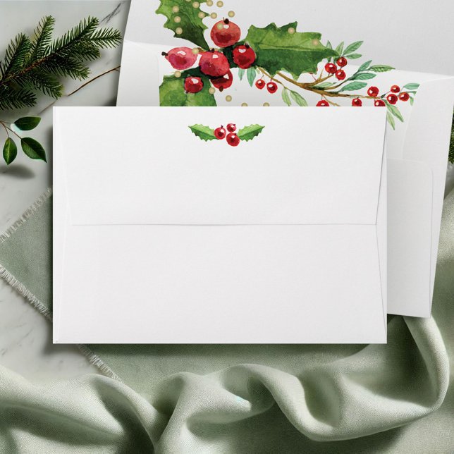 Enveloppe Noel d'enveloppe dorée et holly (Christmas envelopes 5x7 red and green watercolor berries and holly festive botanical art)