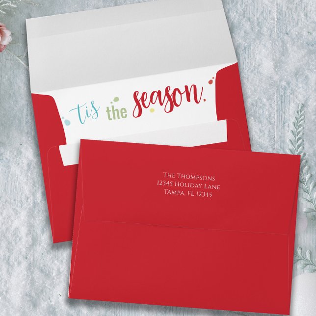 Enveloppe Noël Festive mignonne Tis the Season ("tis the Season" Red envelope with return address label. )
