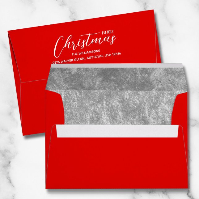 Enveloppe Noël Fêtes Argent Faux Foil Linke Rouge (Faux silver foil printed lining in green Christmas envelopes with FREE return address on the back )