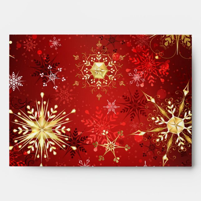 Enveloppe Noël Golden Snowflakes sur Arrière - plan rouge (Devant)