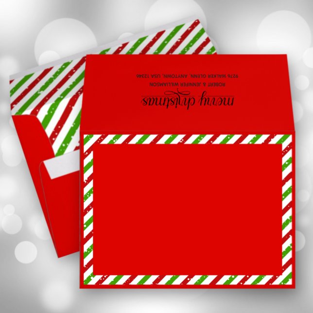 Enveloppe Noël Grèves Red Holiday (Christmas candy cane stripes on red holiday envelopes with FREE return address on the back)
