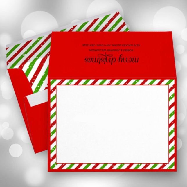 Enveloppe Noël Grèves Red Holiday (Christmas candy cane stripes on red holiday envelopes with FREE return address on the back)
