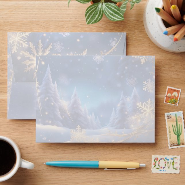 Enveloppe Noël magique - flocons de neige dorés sur bleu (Desk)