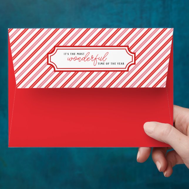 Enveloppe Noël rose et rouge rayé (Hand)