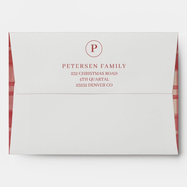 Enveloppe Noël rustique élégant rouge plaid monogrammé (Dos (Haut rabat))