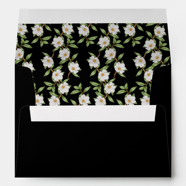 Enveloppe Noir classique avec Mariage Camellia blanc (Dos (Bas))