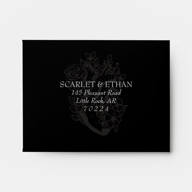 Enveloppe Noir gothique Floral Coeur Mariage RSVP (Devant)