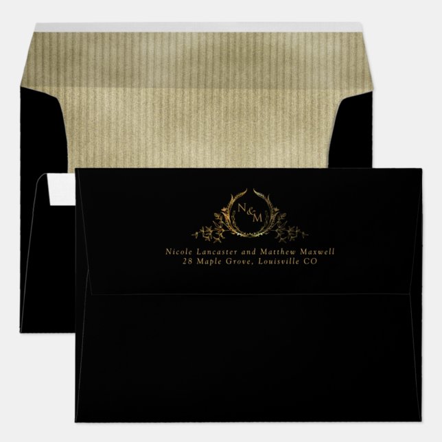 Enveloppe Noir, Intérieur en or, Élégant Mariage Monogramme (Créateur téléchargé)