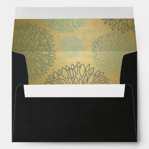 ENVELOPPE NOIR SOIE VELVET OR AQUA BLEU ADRESSE FLORALE