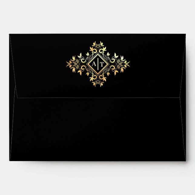Enveloppe noire élégante avec Monogramme or (Dos (Haut rabat))