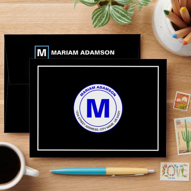 Enveloppe Nom noir Monogramme Adresse de retour sur le dos (Desk)