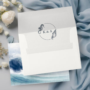 Enveloppe Océan Vague Nautique Monogramme Mariage bleu