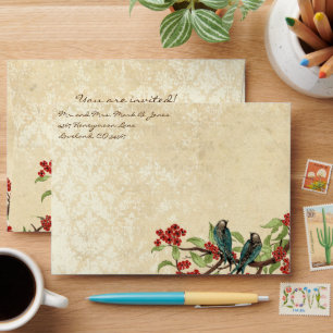 Enveloppe Oiseaux de l'amour en damas vintage Branche floral
