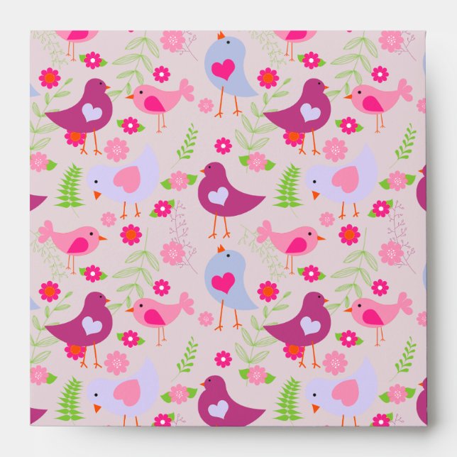 Enveloppe Oiseaux et fleurs roses adorables | Saint Valentin (Devant)