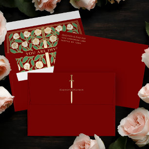 Enveloppe Or Blanc Floral Épée Royale Mariage Scarlet Gold
