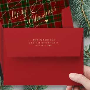 Enveloppe Or écossais vert et rouge plaid Joyeux Noël