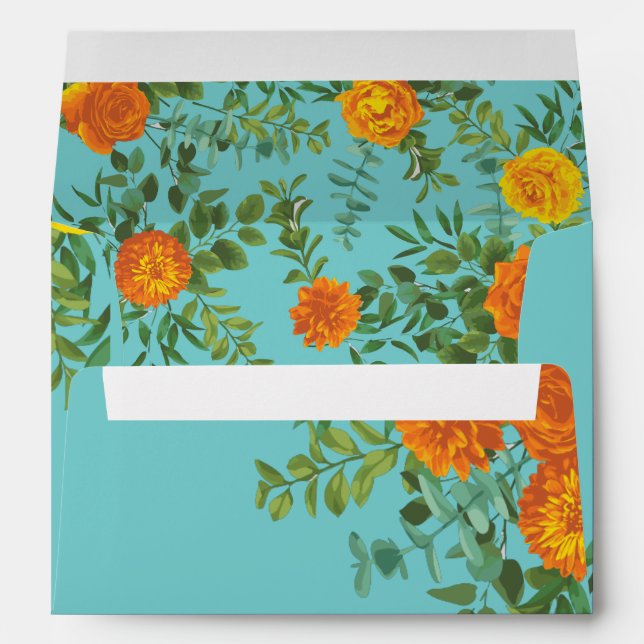 Enveloppe Orange & Aqua Mariage Floral moderne (Dos (Bas))