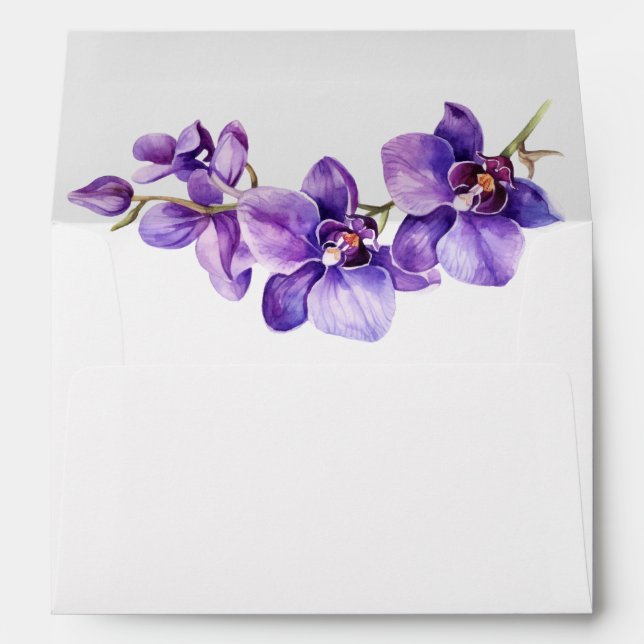 Enveloppe Orchidée violette et faire-part de mariage blanc (Dos (Bas))