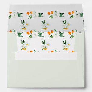 Enveloppe Orchidées blanches et kumquats aquarelle vert ment