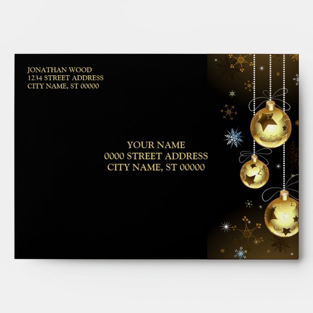 Enveloppe Ornements dorés de Noël Étoiles brillantes Noir (Devant)