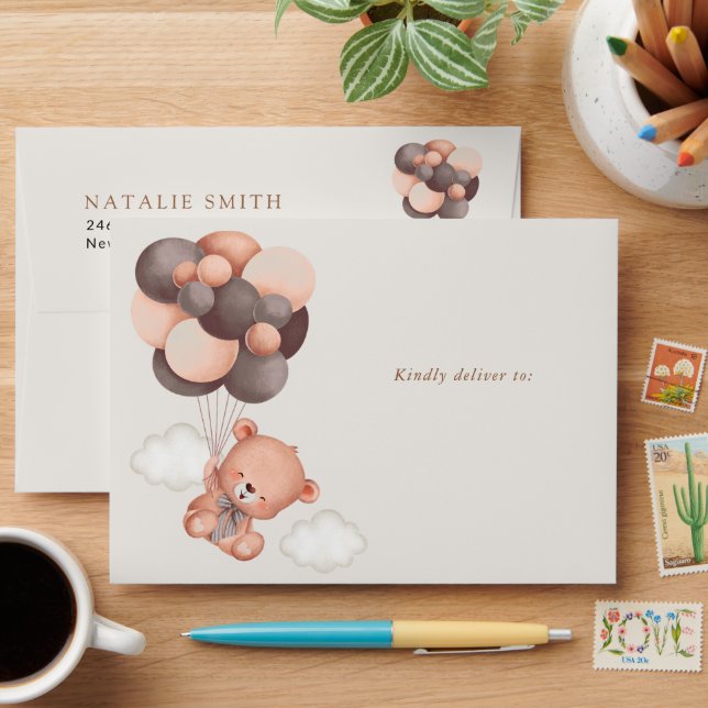 Enveloppe Ours En Jeu, Ours Mignonne, Ballons Brown, Anniver (Desk)