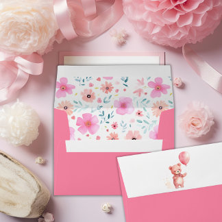 Enveloppe Ours en peluche mignon avec floral rose de ballon