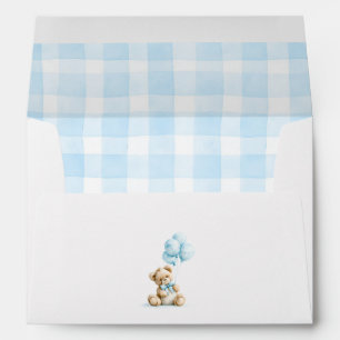 Enveloppe Ours en peluche motif à carreaux gingham bleu clai