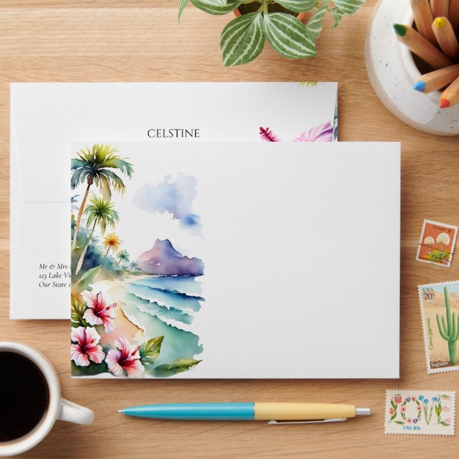 Enveloppe Palmiers de plage tropicaux hibiscus mariage assor (Desk)