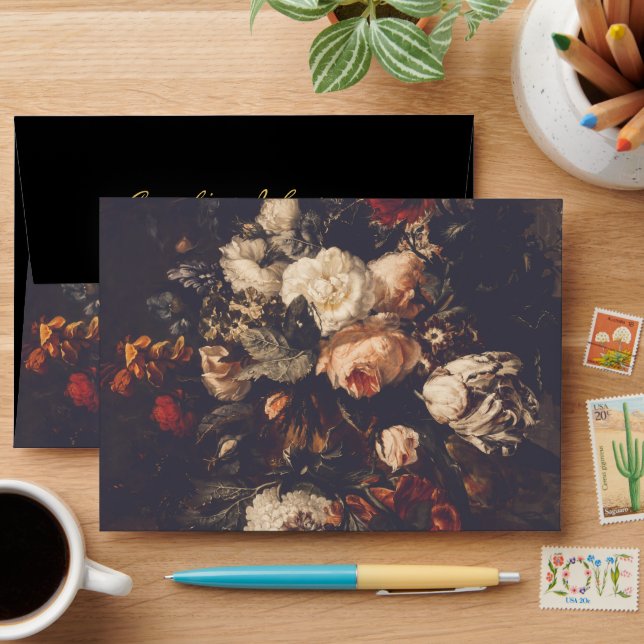 Enveloppe Papier Intérieur Floral Mariage Sombre Foncé pour  (Desk)