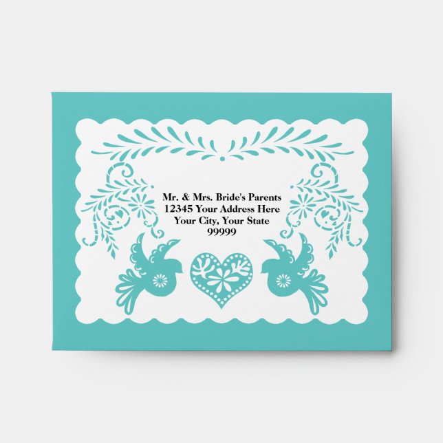 Enveloppe Papier Picado Blue Fiesta Mariage carte A2 RSVP (Devant)
