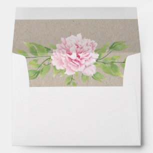 Enveloppe Papier Rustique Kraft Peony rose Feuille Aquarelle