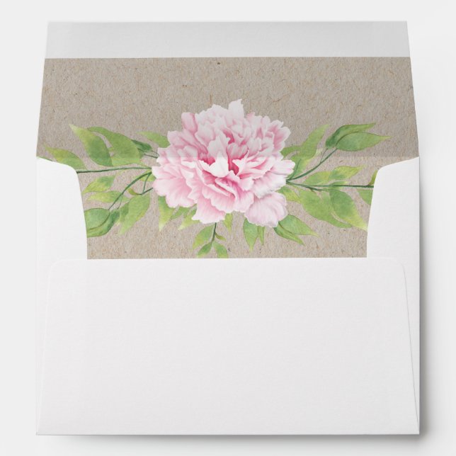 Enveloppe Papier Rustique Kraft Peony rose Feuille Aquarelle (Dos (Bas))