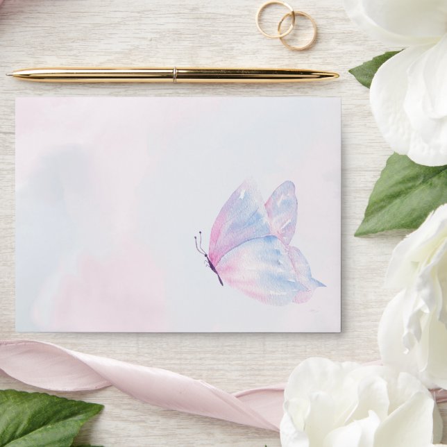 Enveloppe Papillon Aquarelle rose violet (Wedding)