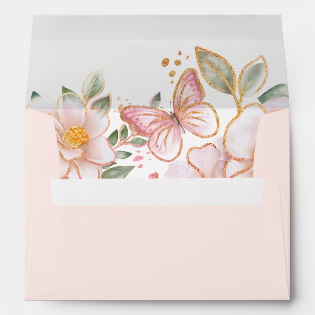 Enveloppe Papillon et Fleurs roses blanches Whimsical (Dos (Bas))