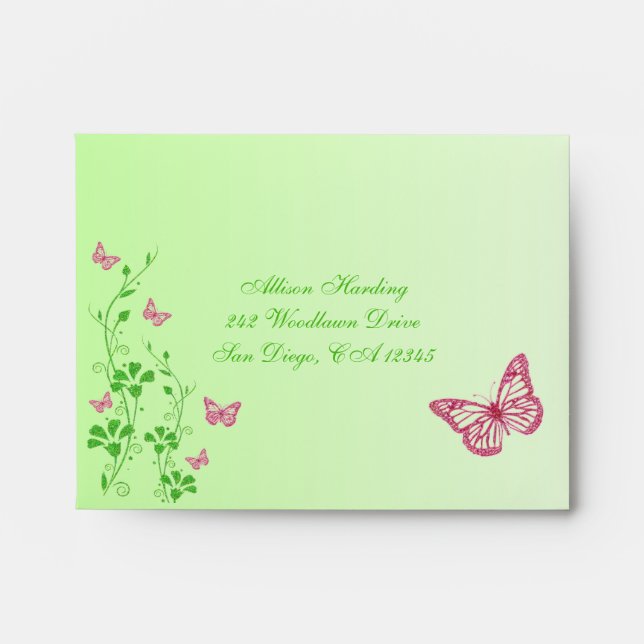 Enveloppe papillon vert rose pour RSVP (Devant)