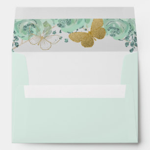 Enveloppe Papillons Mint Or Floral Élégant