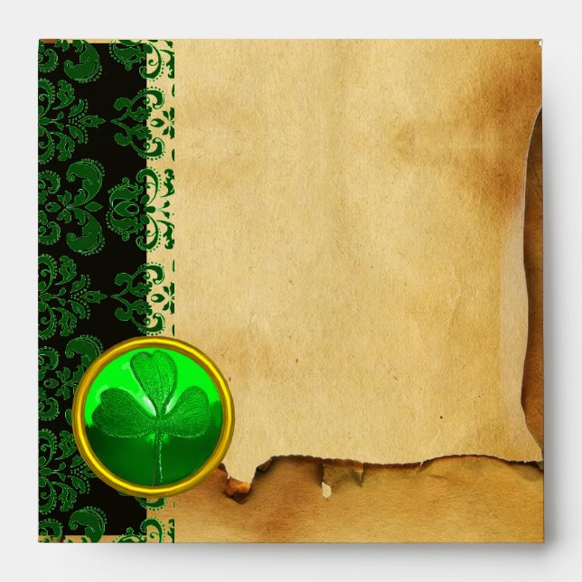ENVELOPPE PARCHEMENT BROWN VERT DE DOMMAQUES AVEC SHAMROCK,  (Devant)
