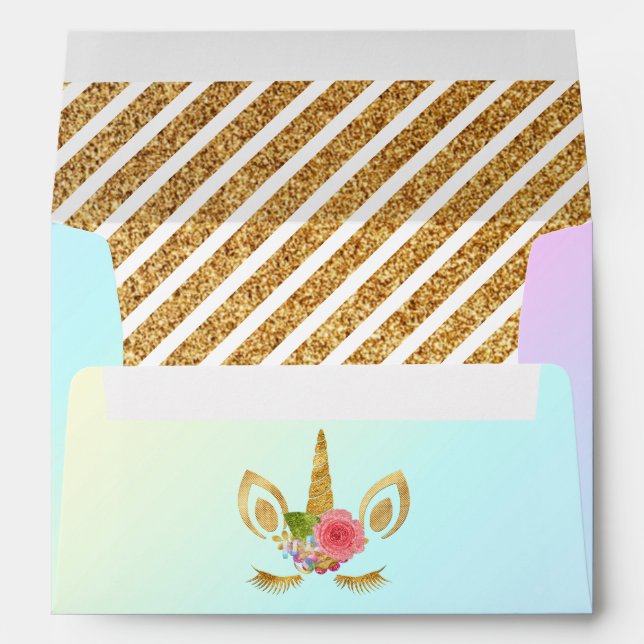 Enveloppe Parties scintillant d'or magique Unicorn Visage An (Dos (Bas))