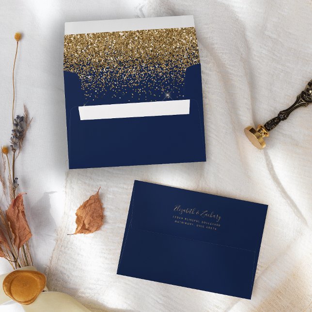 Enveloppe Parties scintillant d'or moderne Mariage bleu mari (Créateur téléchargé)