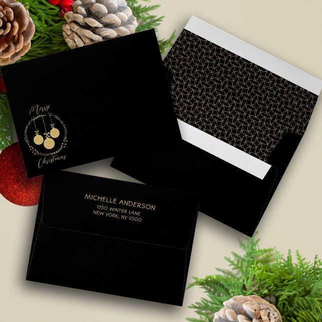 Enveloppe Parties scintillant d'or noir élégant Noël (Black Gold Glitter Elegant Christmas Envelope)