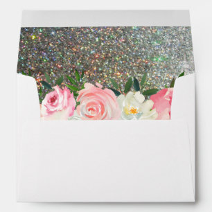 Enveloppe Parties scintillant florale et argentée rose et b
