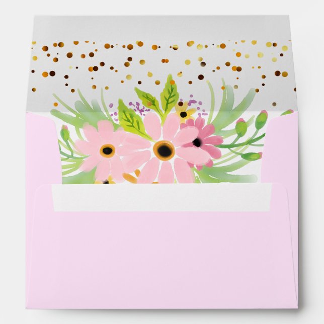 Enveloppe Parties scintillant or rose floral (Dos (Bas))