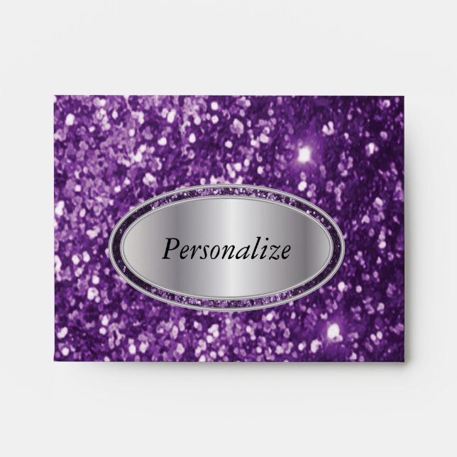Enveloppe Parties scintillant violette avec plaque de nom d' (Devant)