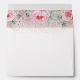 Enveloppe Parties scintillantes roses d'or et fleurs roses