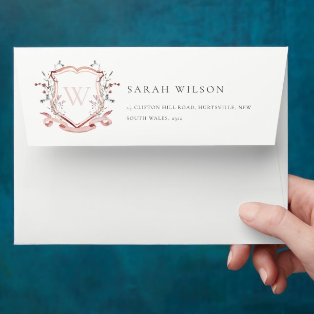 Enveloppe Pastel Rose Fleur sauvage Aquarelle Crest Monogram (Hand)