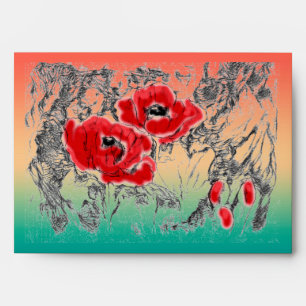Enveloppe Pavot à fleurs rouges noires grises croisées