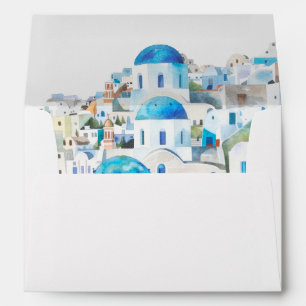 Enveloppe Paysage bleu et blanc Mariage de Santorin