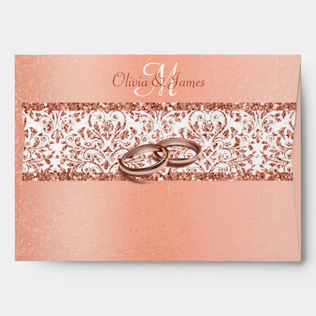 Enveloppe Peach Metallo Monogram Damask Parties scintillant  (Dos (Haut rabat))